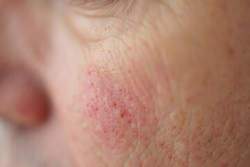 Fototapeta premium Extreme close up of human skin texture with red rash and visible pores macro