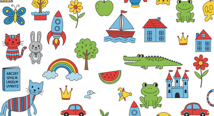 Fototapeta premium Colorful Set of Cute Animals, Educational Elements, and Fun Illustrations Including Cats, Frogs, Boats, and Alphabet Letters