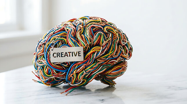 Creative Mind Concept &mdash; Brain Made of Colorful Cables and Wires, Innovation Intelligence and Technology Thinking Symbol
