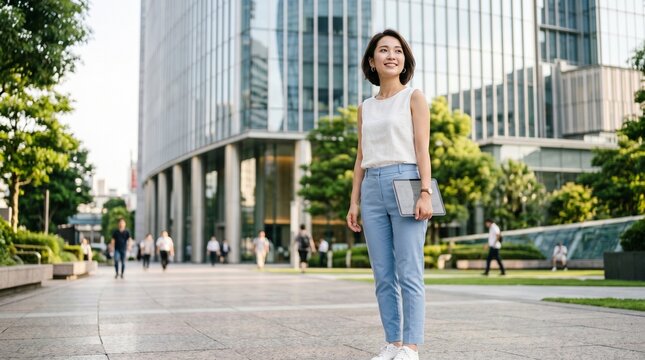 Young Asian Businesswoman Holding Tablet in Modern Urban Office Environment Outdoor
