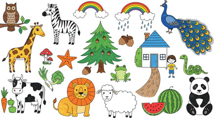 Naklejka premium Illustration of Various Animals, Nature Elements, and Fun Characters, Including Giraffes, Lions, Zebras, Frogs, and More
