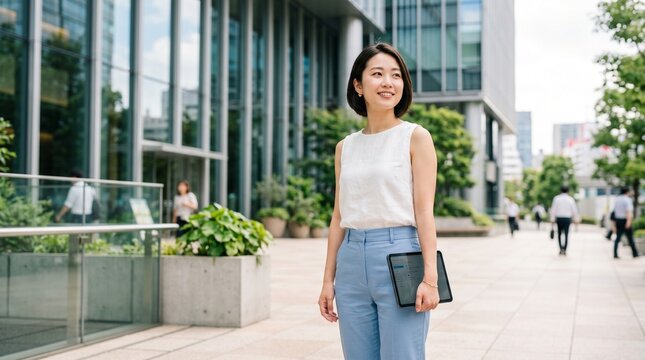 Young Asian Businesswoman Holding Tablet in Modern Urban Office Environment Outdoor