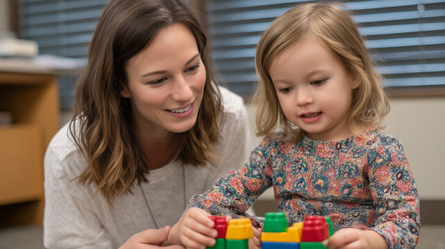 Child trauma counselor and young girl build block tower together on therapy room carpet, girl's posture opening gradually, modest clinical space, spring light through blinds, perfect for childhood h