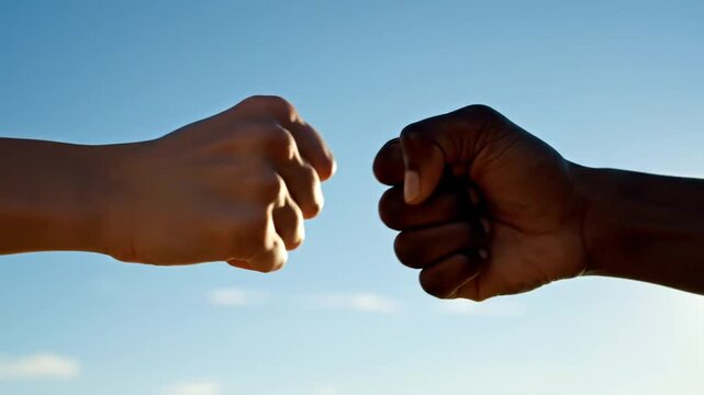 Close up of fist bump with blue sky background