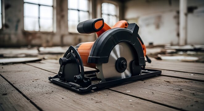 Power saw cutting wooden floorboards inside unfinished building construction site, close-up view of electric circular saw, industrial environment