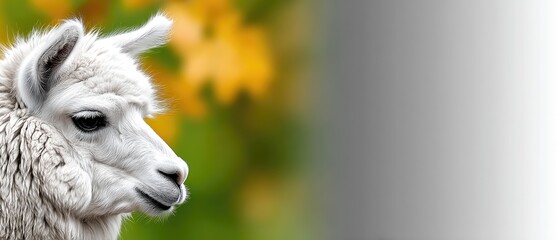 Fototapeta premium Close up view of a llama with white fur under bright light with soft background in shades of green and yellow, showcasing details of the animal's features and fur texture