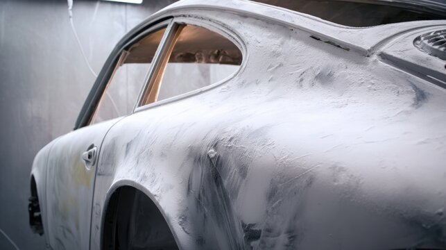 car body filler primer layers sanding process repair surface texture realism workshop light