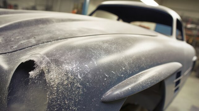 car body filler primer layers sanding process repair surface texture realism workshop light