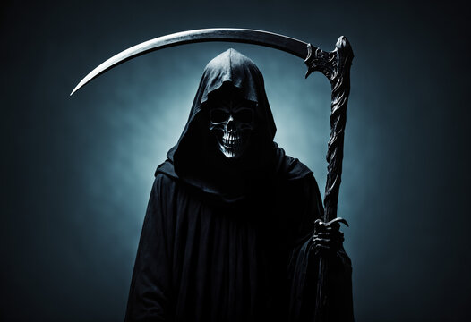 grim reaper skull in black hood holding sickle