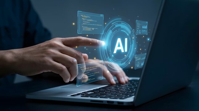 AI code generation and analysis. Software debugging and automated code review. Businessman touching generative AI coding and source code icons on laptop computer keyboard.