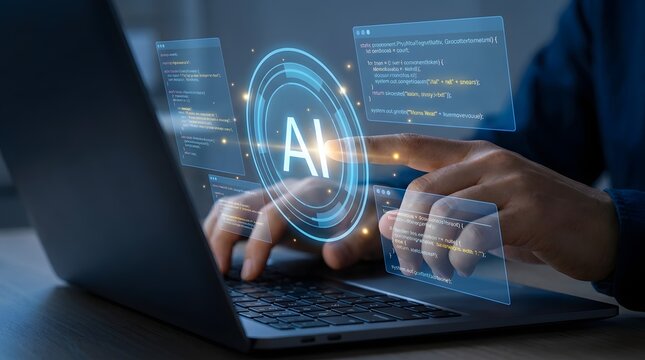 AI code generation and analysis. Software debugging and automated code review. Businessman touching generative AI coding and source code icons on laptop computer keyboard.