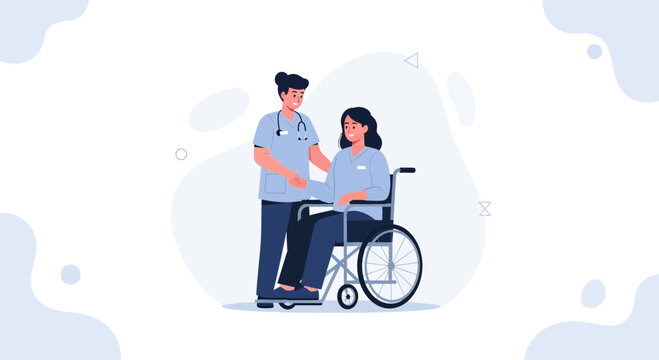 Nurse Helping Patient In Wheelchair - Medical Care and Support Illustration