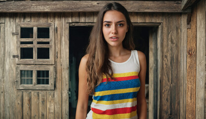 Fototapeta premium old wooden house and shocked young woman stands in front of it