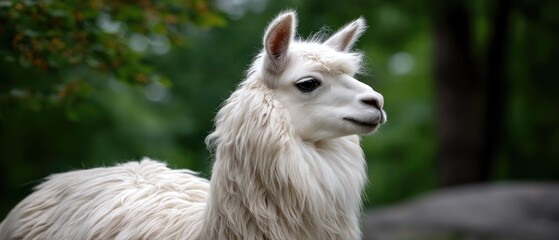 Fototapeta premium Portrait of a white llama with shaggy fur facing the viewer in a green and yellow natural setting
