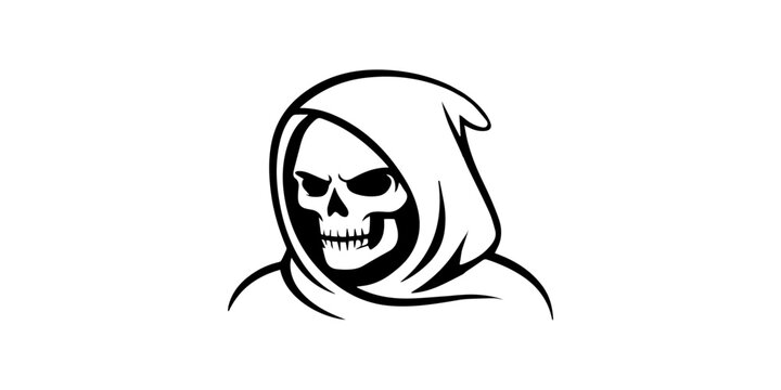 One Line Art of Grim Reaper Skull in Hood, Continuous Outline Drawing of Death, hooded skeleton character with robe drawn in detailed continuous black line vector art, skeleton in a robe holding a pro