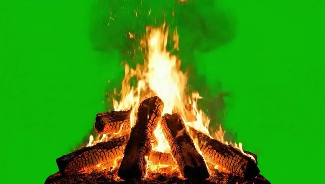 Fiery logs blaze with dynamic flames and smoke on green screen background.