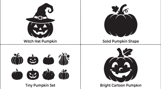 Halloween pumpkin icons, black vector illustrations, witch hat, cartoon pumpkins, tiny pumpkin set
