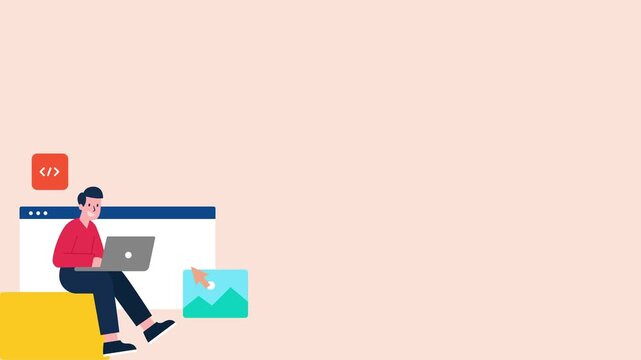 Web developer working on laptop with interface elements, representing coding, web design, and digital creation. Modern flat design with copy space. Seamless loop motion graphic.