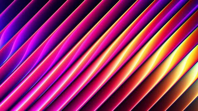 Fluid neon gradients ripple across ribbed glass while rotational motion shapes shifting colorful waves. Flowing chromatic dynamic gradients refracted through layered glass ridges. Seamless loop. 4K