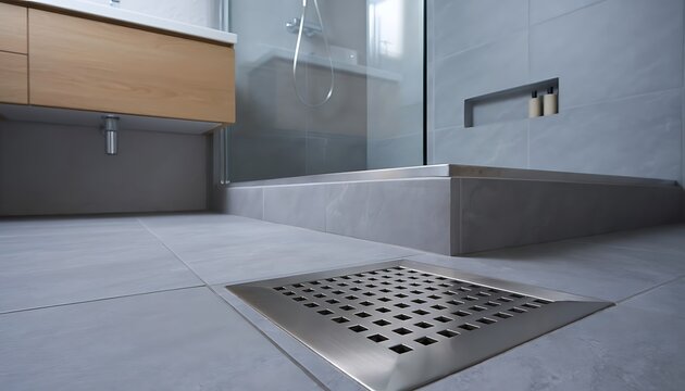 Modern bathroom floor drain and shower.