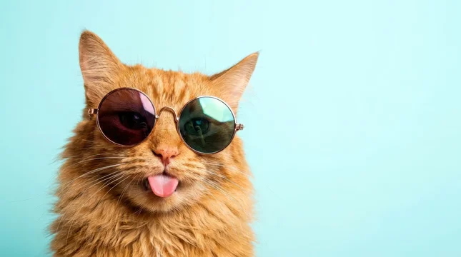 Playful orange fluffy cat wearing round sunglasses sticks out tongue on a bright blue background