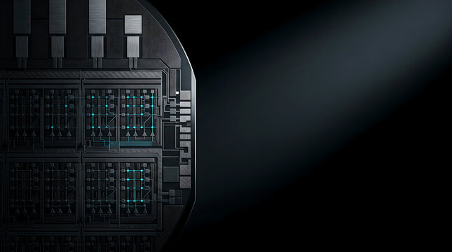 Top down macro photography of a neuromorphic silicon wafer highlighting dual gate logic and crossbar array structures