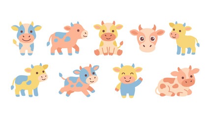 Fototapeta premium Cute Cow Vector Set, Flat Cartoon Animals Collection for Kids Design, Farm Livestock Characters in Pastel Colors, Adorable Bull and Calf Elements Isolated on White Background for Children Activity Boo