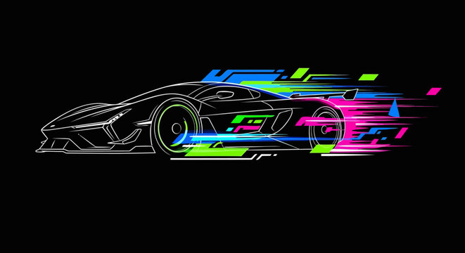 Abstract neon outline of a modern supercar in high speed motion with colorful light trails and glitch effect on a black background.