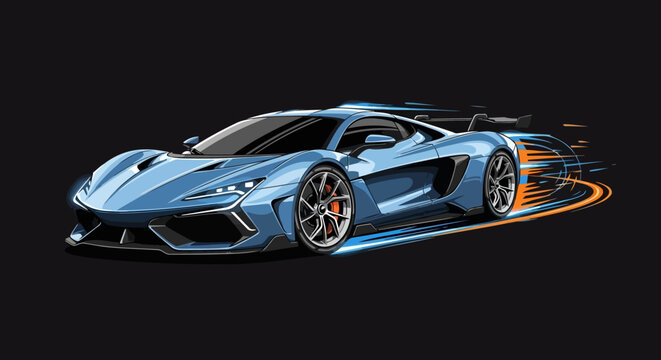Modern blue luxury supercar driving fast with dynamic blue and orange motion blur effect on a dark background.