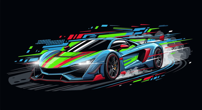High performance racing supercar performing a drift with colorful graphics, smoke effect, and speed motion on a dark background.