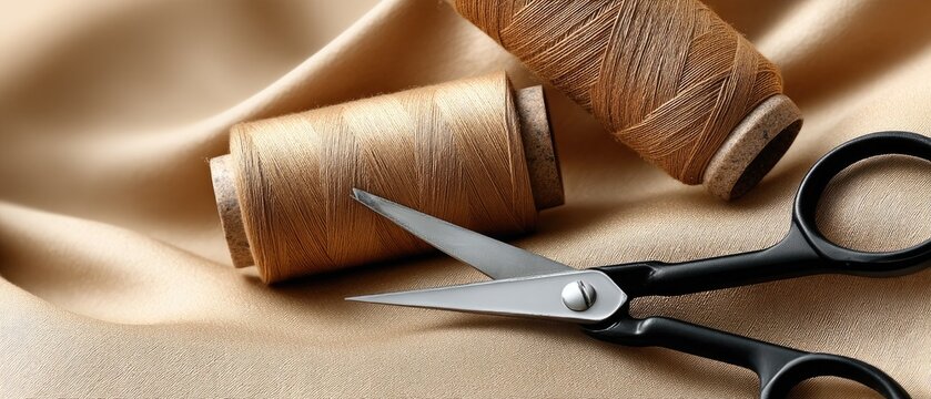 Flat lay shot of spools of thread and scissors on beige fabric, showcasing sewing tools in a clean and organized arrangement