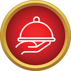Fototapeta premium Hand holding a covered food tray on a red badge representing catering service