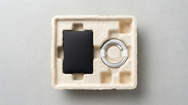 Top View of Compact Black Electronic Device and Circular Accessory Arranged Neatly Within Molded Pulp Packaging Ready For Shipping and Storage Presentation Concept For New Product Unboxing