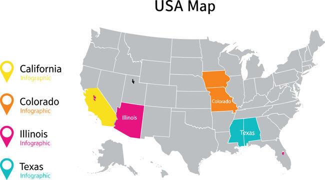 USA map highlighting California, Colorado, Illinois, Missouri, and Texas with colorful infographic design, educational geography visualization, and distinct state markers