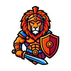 Obraz premium Cartoon lion warrior with sword shield.