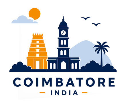 Coimbatore India skyline flat illustration with Marudamalai Temple and city landmarks in minimal style