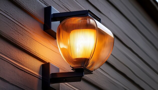 warm glowing modern outdoor light fixture on a textured house wall ideal for modern architecture home lighting and security concepts