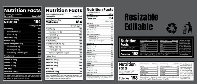 nutrition facts , nutrition label, supplement facts, vitamin fact vector,Dates Nutrition Facts,Multiple editable nutrition facts labels with dietary information