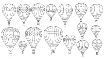 Obraz premium Large set of various hot air balloon outlines with different patterns and sizes in a clean black and white line art style.