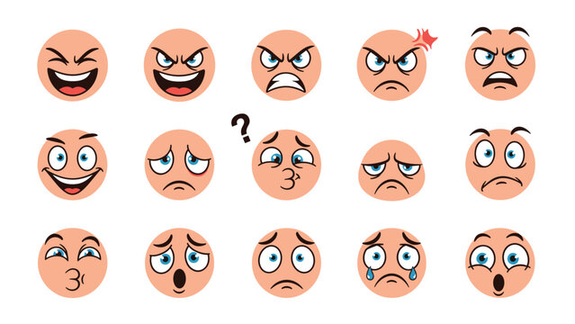Variety of cartoon human faces showing different emotions and expressions such as joy, sorrow, anger, and thoughtfulness on a white background.