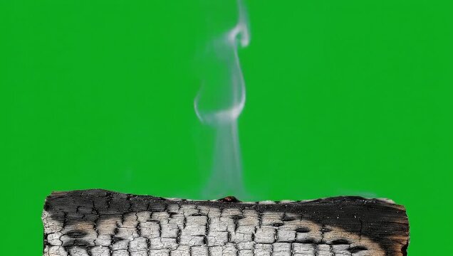 Burnt wood log smoking with white vapor rising against green backdrop.
