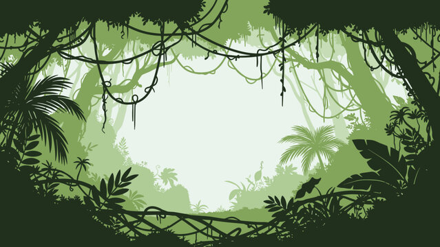Lush green jungle landscape silhouette with layered palm trees tropical foliage and hanging vines creates an exotic rainforest environment scene.