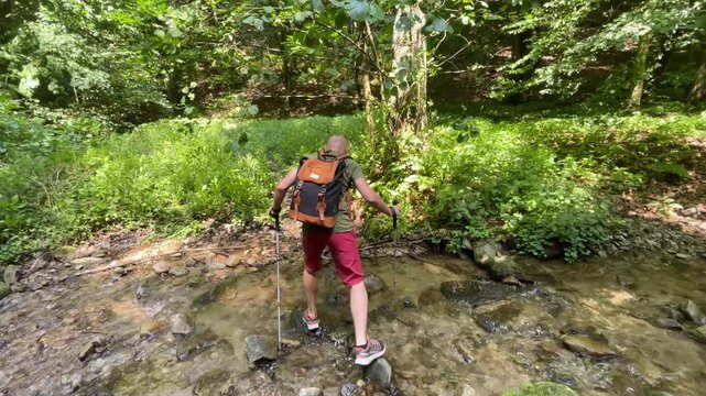 4K POV video of a man with a backpack and trekking poles crossing a shallow stream in a lush, green forest on a sunny day. Nature trekking, hiking adventure, and active lifestyle. 4K