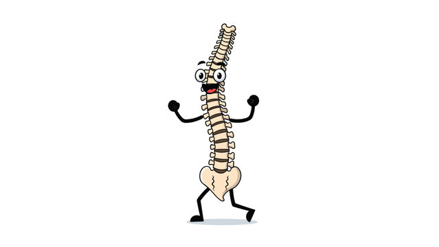 Cheerful cartoon character of a human spinal column dancing with a happy face and limbs represents chiropractic health and physical wellness.