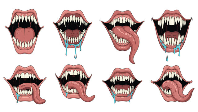 Set of eight monster mouths with sharp vampire fangs long tongues and dripping saliva or slime for horror and fantasy character concept art.