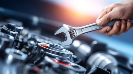 Fototapeta premium Hand Holding Wrench for Tightening Bolt in Vehicle Mechanics Workshop