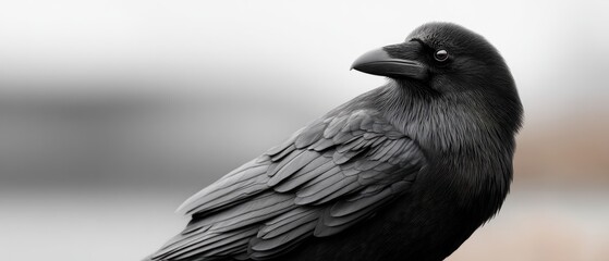 Obraz premium Monochrome portrait of a common raven showcasing its features and details in a high contrast setting against a white backdrop