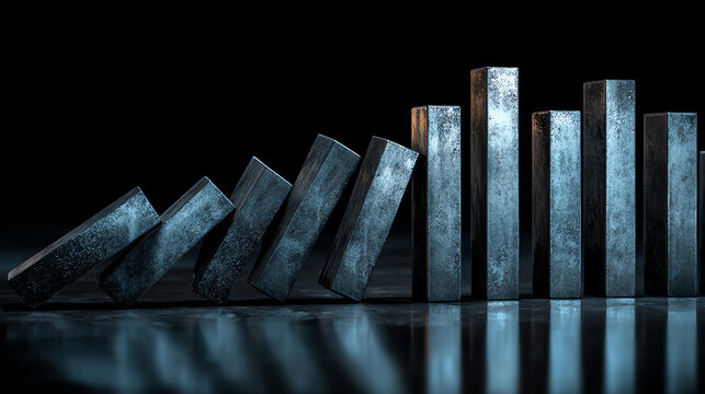A dynamic representation of falling blocks, symbolizing disruption and change in business innovation.