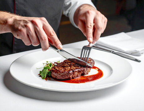 Hands with a knife and fork cutting into a steak, closeup. AI