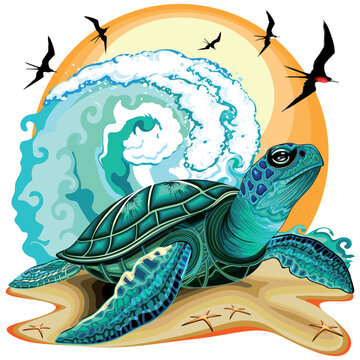 Sea Turtle Turquoise on the Beach in front of Big Ocean Wave and Figate Birds Flight Logo Vector illustration EPS 